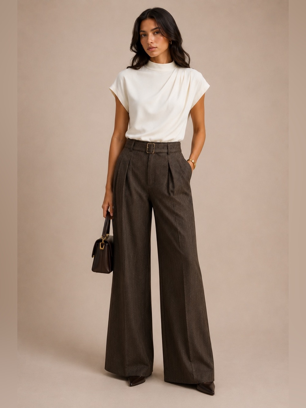 Commense Dark Brown High-Waist Wide-Leg Pleated Trousers
